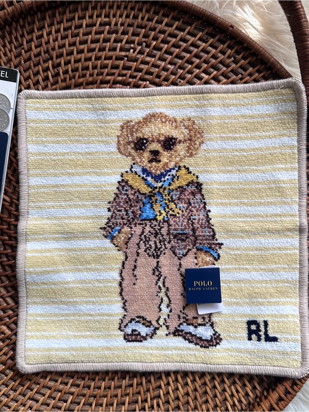 Polo Ralph Lauren Polo Bear Hand Towel Hanker-chief Yellow Stripes New Tags
